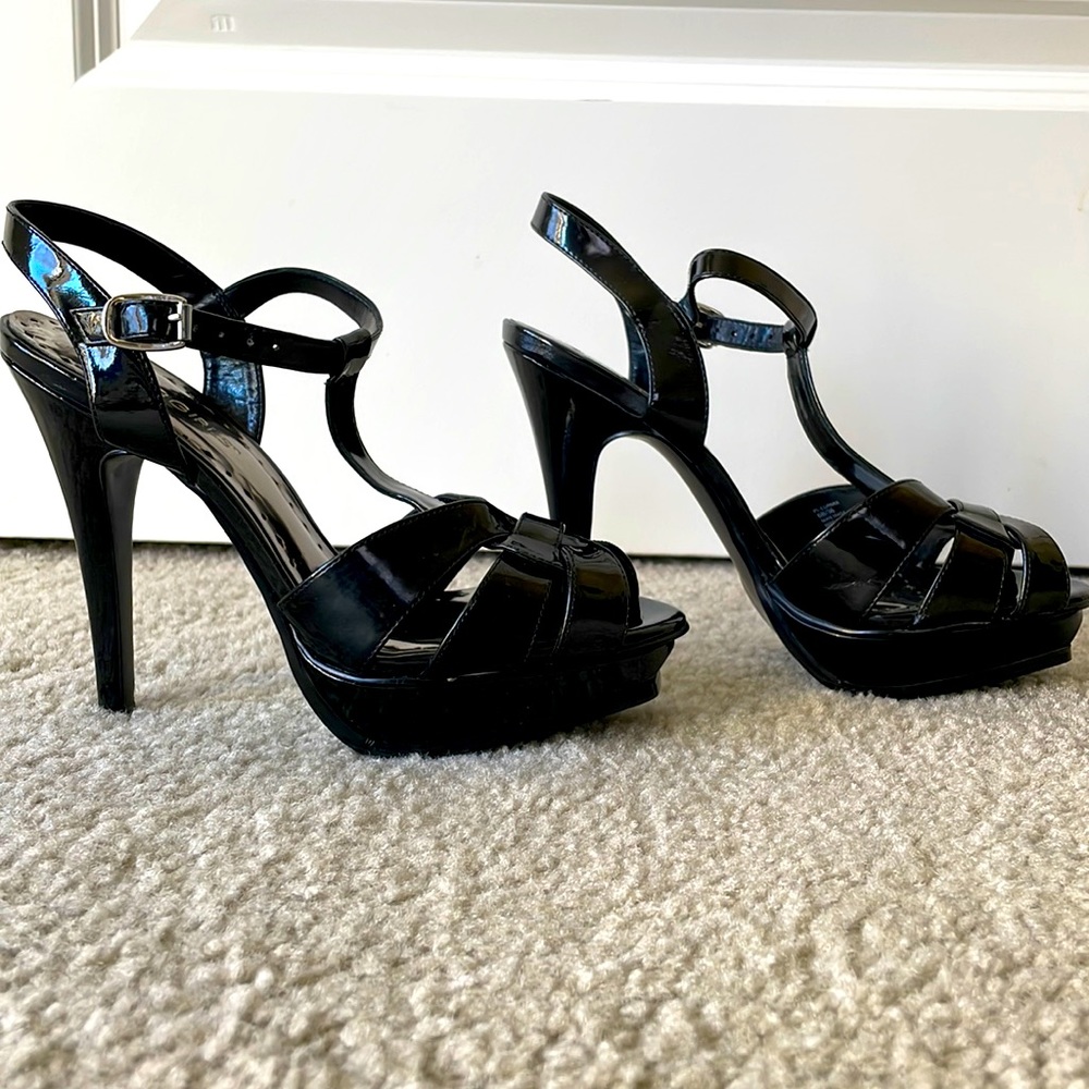 BCBGirls platinum patent leather platform heels